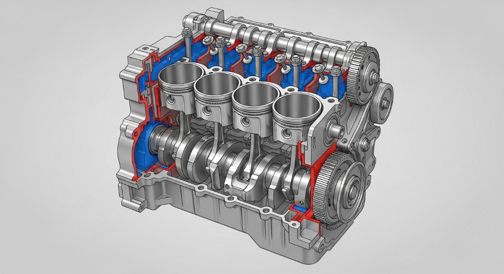 Technischer Schnitt eines Motors mit Kolben, Pleueln und Kurbelwelle